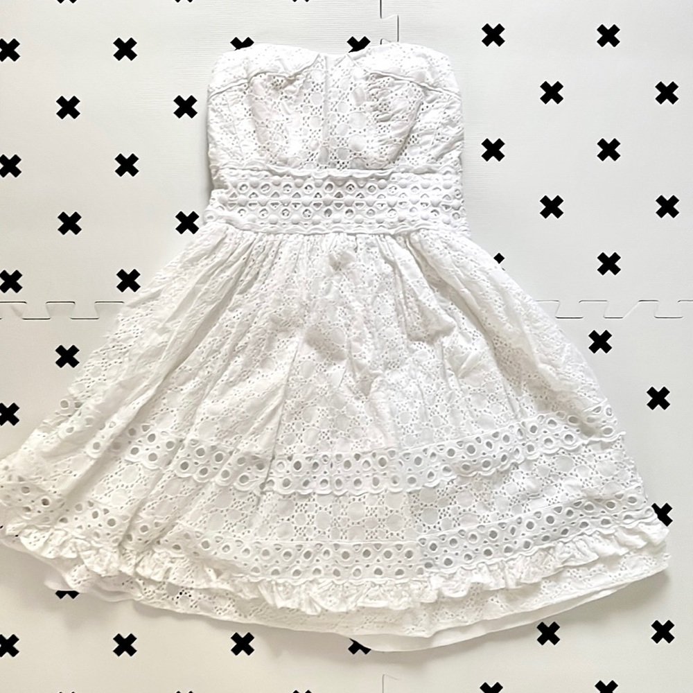 XOXO Eyelet Strapless Dress, White Rehearsal Mini Dress